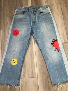 Zara TRF Trafaluc Reworked Denim Jeans Pop Art Emoji Patchwork Wide Leg 38